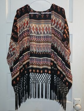 Forever 21 Boho Kimono Cardigan M/L Fringe Tribal Aztec Print Open Front